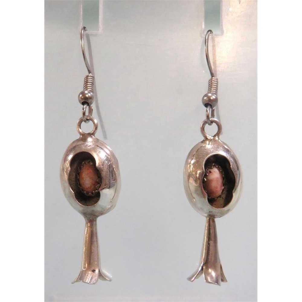 Vintage Southwestern Sterling Silver Squash Blossom Earrings – Pink Coral Rare!
